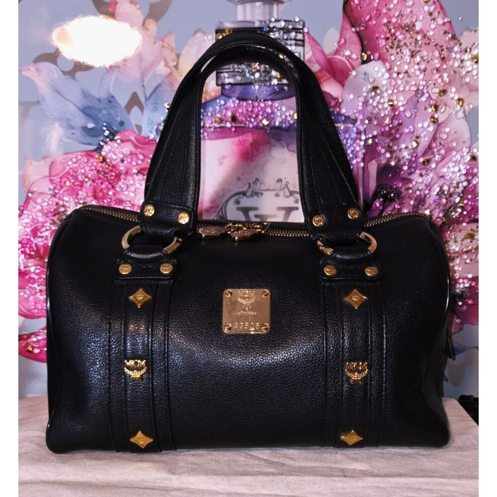 Authentic MCM Black Pebbled Leather Studded Boston Bag - Excellent Condition